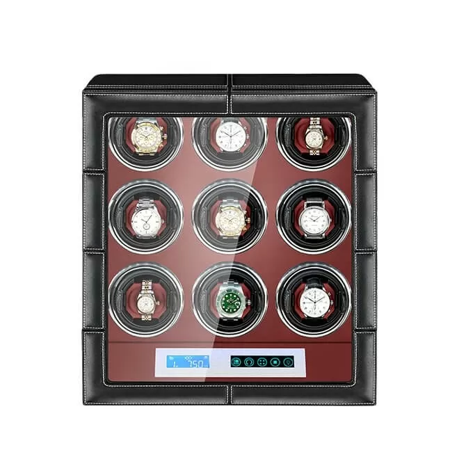 Jqueen 9 Watch Winders Box Leather Black Red with Six Watch Storage Spaces