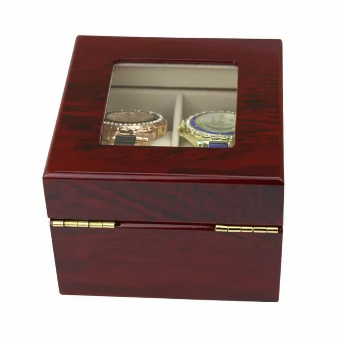 Jqueen 2 Watch Box Solid Ebony Wood Red with Glass Display