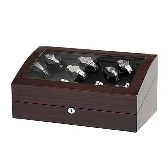 Jqueen Six Watch Winders Box Wood Dark Red Black with 7 Watch Storage Place