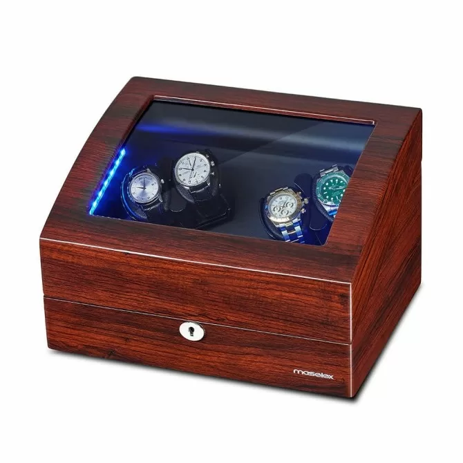 Jqueen Quad Watch Winders Box Wood Dark Red with 6 Storages with Built-in Blue LED Illuminated