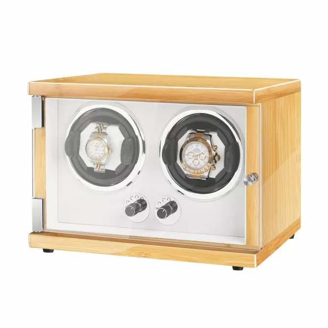 Jqueen New Vertical Double Watch Winders Box Wood Yellow with LED Light Hevea Brasiliensis