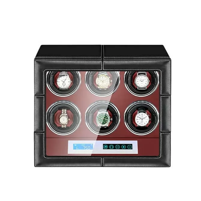 Jqueen Six Watch Winders Box Leather Black Red with LCD Touch Screen