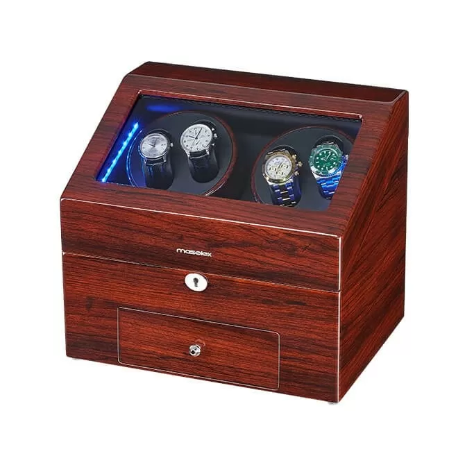 Jqueen Quad Watch Winders Box Wood Dark Red with 9 Storages Blue LED