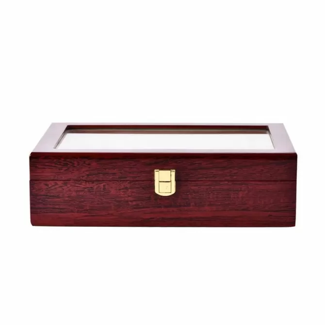 Jqueen 12 Slots Watch Box Wooden Cherry Red White with Large Glass Top