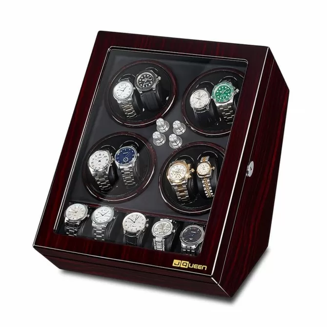 Jqueen 8 Watch Winders Box Wood Ebony Dark Red with 5 Storages Built-in Illumination