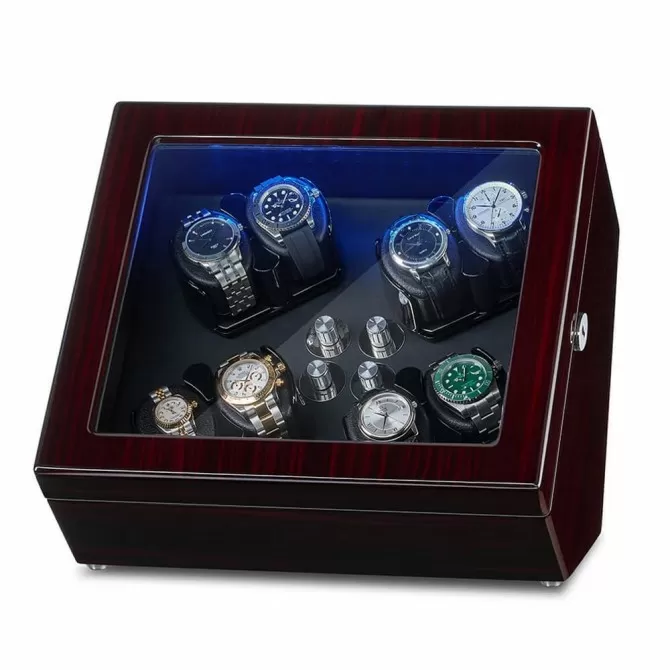 Jqueen Best 8 Watch Winders Box Ebony Wood Black with Built-in Illumination