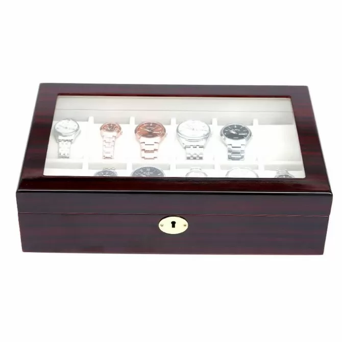 Jqueen the best 12 Slots Watch Box Display Case Black Ebony Wooden