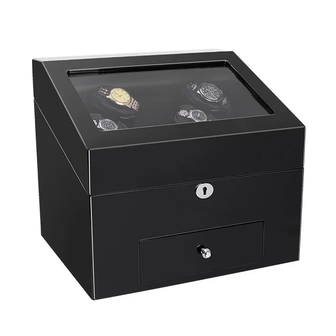 Jqueen Quad Watch Winders Box Wood Black with 6 Watch Storage Spaces Plus Storage Drawer
