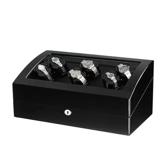 Jqueen 6 Watch Winders Box Wood Black with 7 Watch Storage Spaces