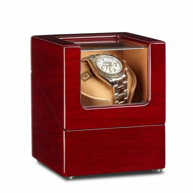 Jqueen Single Watch Winder Box Wood Walnut Red