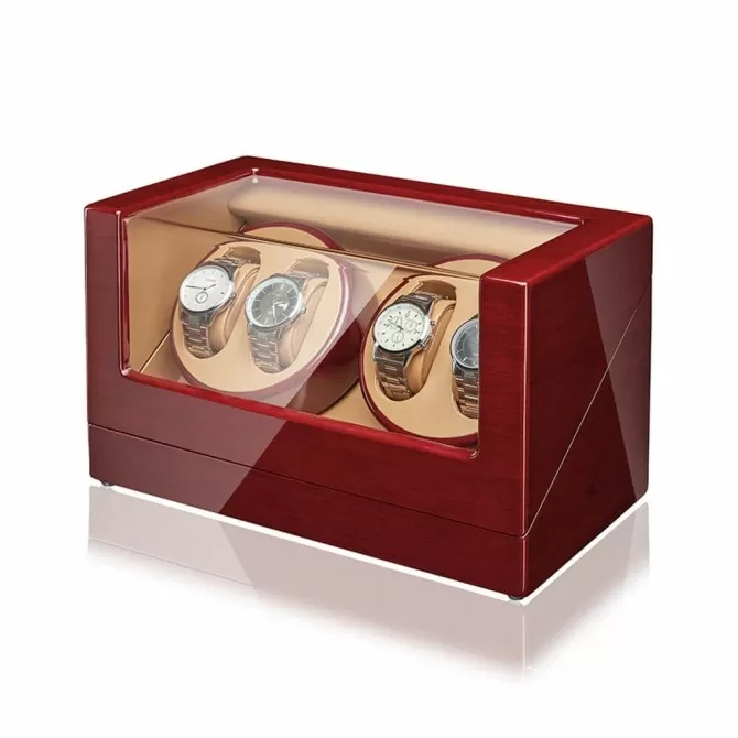 Jqueen Quad Watch Winders Box Walnut Wood Red