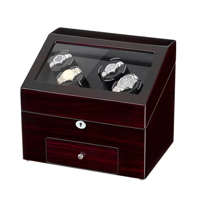 Jqueen Quad Watch Winders Box Wood Dark Red Black with 9 Storage Places