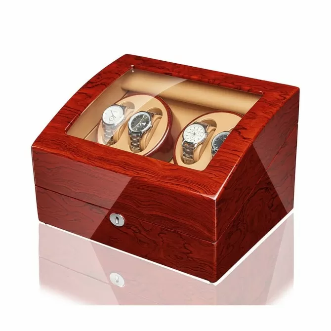 Jqueen Quad Watch Winders Box Wood Red with 6 Storages