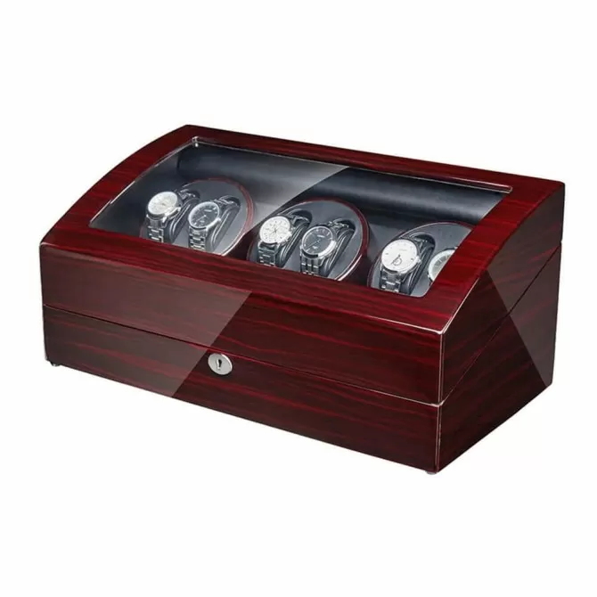 Jqueen Six Watch Winders Box Wood Red with 7 Storages with Quiet Mabuchi Motors
