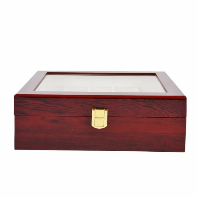 Jqueen 10 Slots Watch Display Storage Box Wooden Cherry Red Large Glass Top