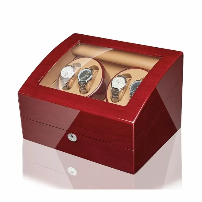 Jqueen Quad Watch Winders Box Walnut Wood Red with 6 Storages