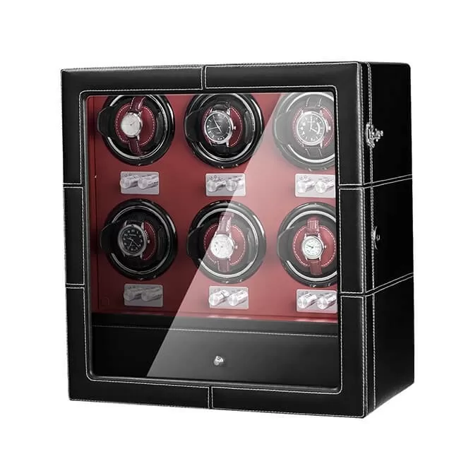 Jqueen 6 Watch Winders Box Black Red Leather With Six Storages