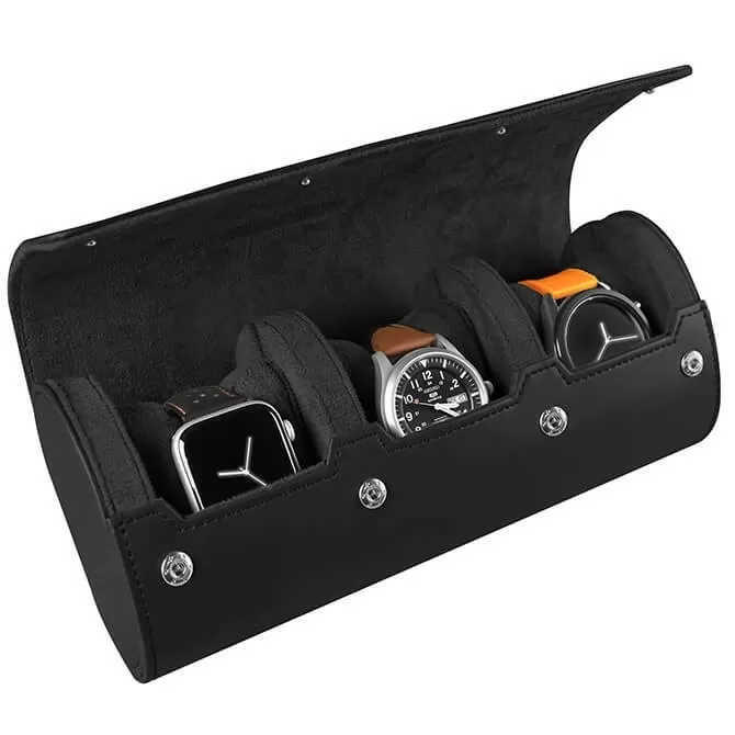 Jqueen 3 Watches Roll Black Leather Travel Case 