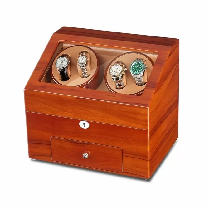 Jqueen Quad Watch Winders Box Applewood Wood Red with 9 Storages