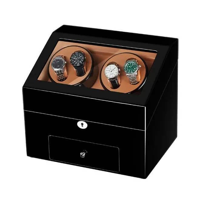 Jqueen Quad Watch Winders Box Wood Black with 6 Watch Storage Spaces