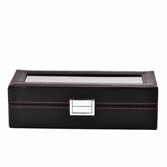 Jqueen 5 Slots Storage Case Watch Box Black Leather with Glass Top