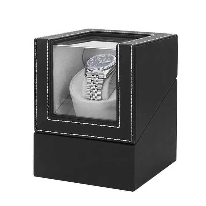 Jqueen Single Watch Winder Box Leather Black with Gray Flannelet Interior