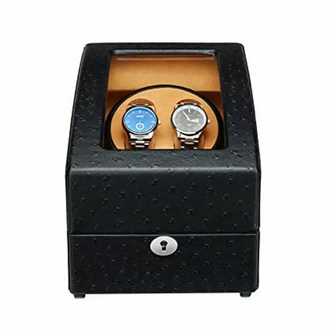 Jqueen Double Watch Winders Box Wood Black with 3 Storages