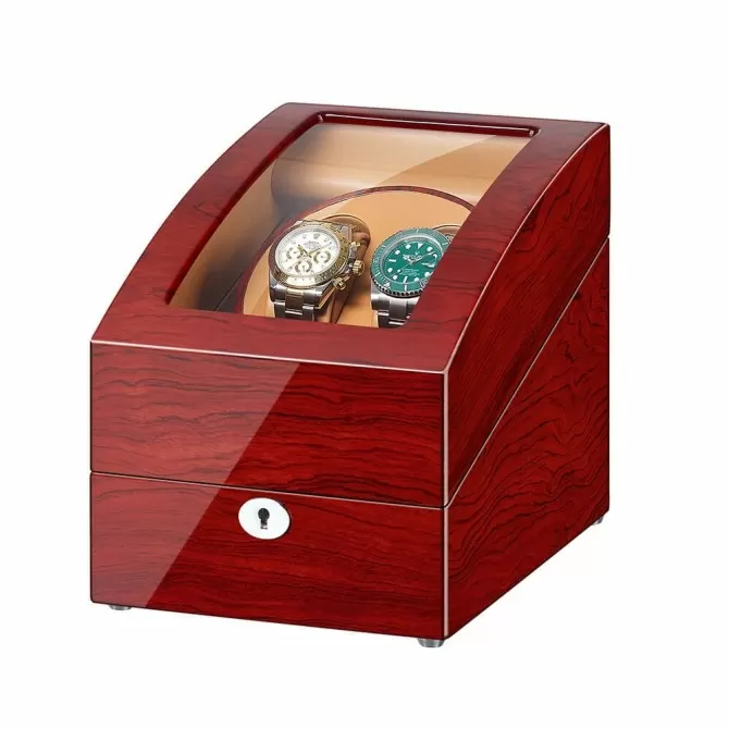 Jqueen Double Watch Winders Box Wood Red with 3 Storages