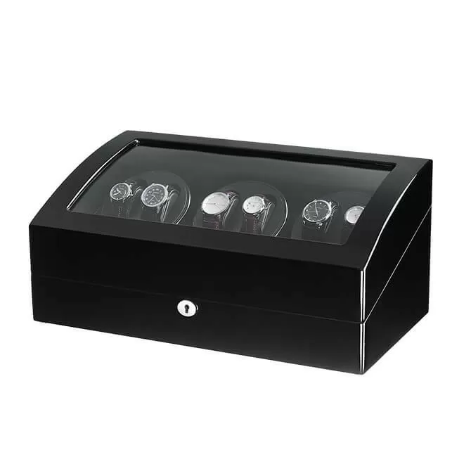Jqueen Six Watch Winders Box Wood Black with 7 Storage Spaces 21 Rotation Modes