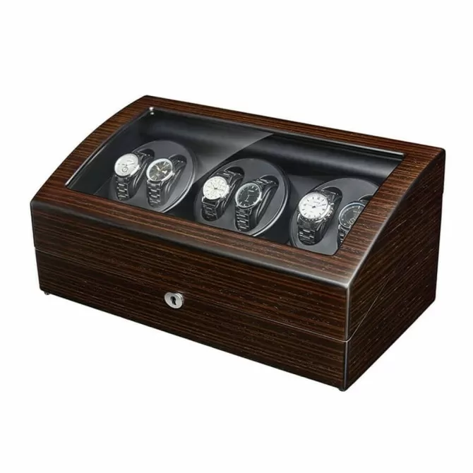 Jqueen 6 Watch Winders Box Ebony Brown with 7 Extra Storages Spaces