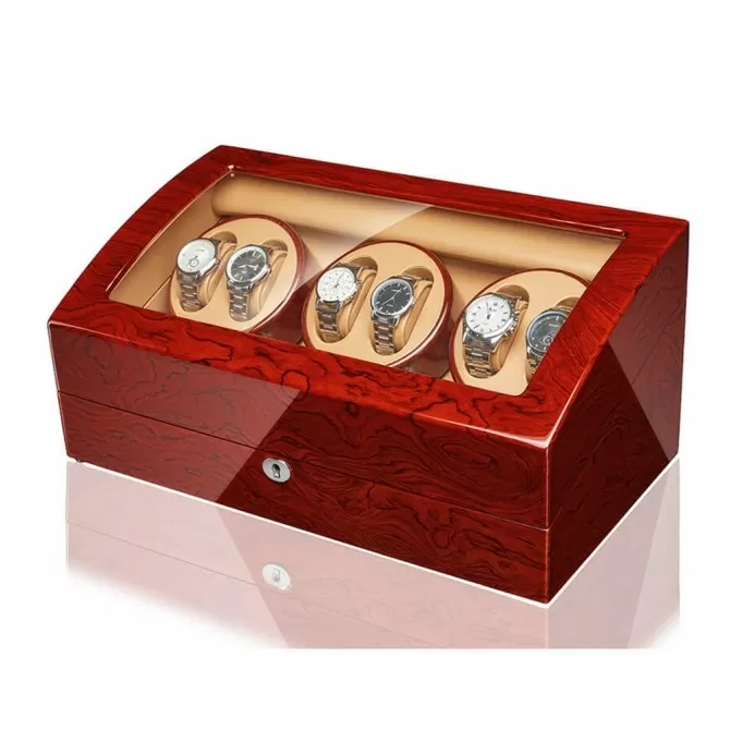 Jqueen 6 Watch Winders Box Walnut Red with 7 Storages