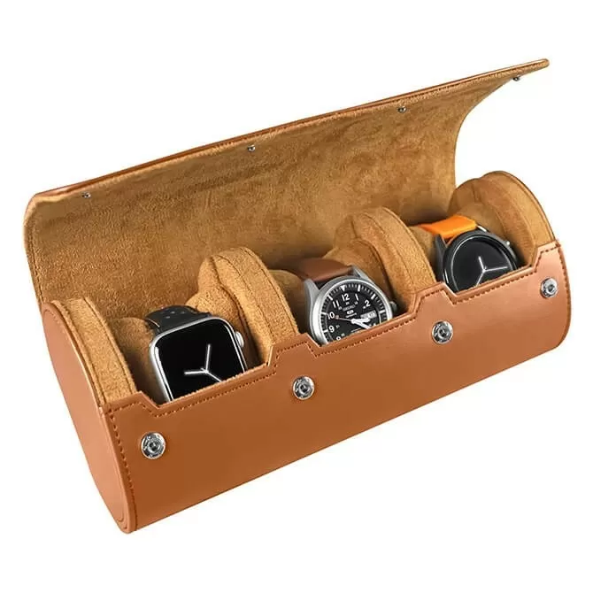 Jqueen 3 Watches Roll Brown Leather Travel Case 