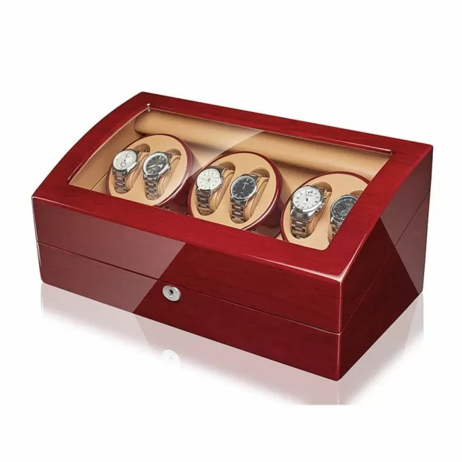 Jqueen the best 6 Watch Winders Box Walnut Red with 7 Storage Places